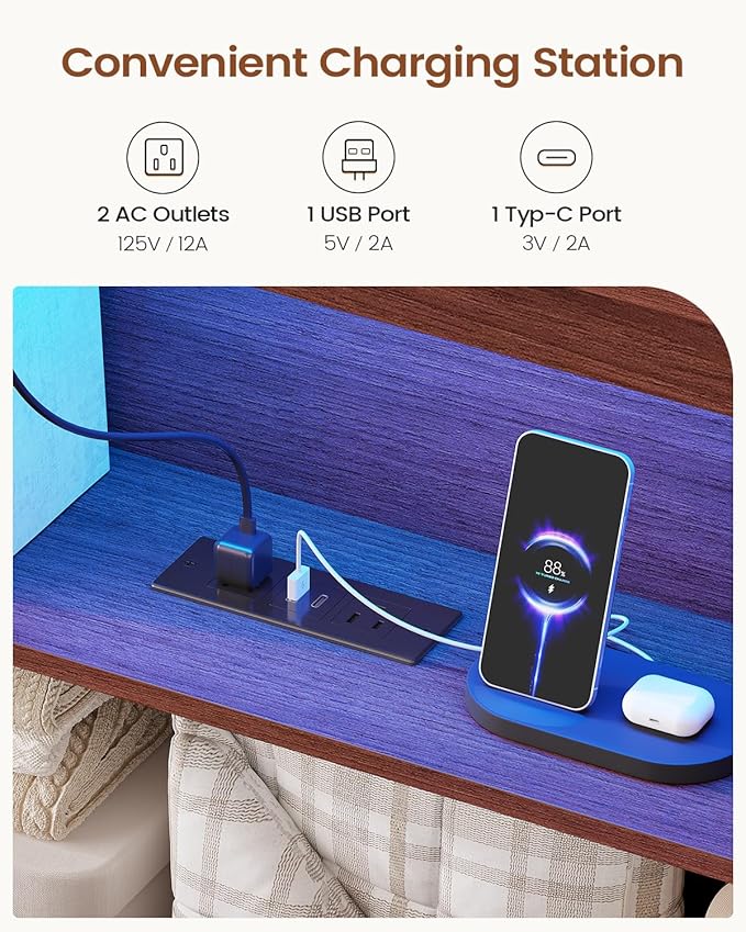 AOGLLATI Farmhouse Bed Frame Queen Size with Lift Up Storage & Hidden Bookcase Storage Headbord, Wooden Queen Bed Frame with Charging Station, Led Lights, No Box Spring Needed, Brown