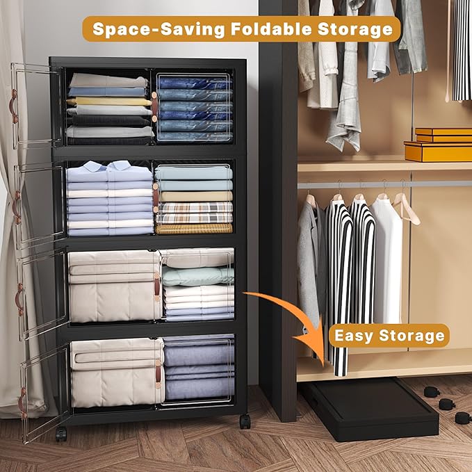 Extra Large Stackable Storage Bins with Lids & Wheels, Foldable Plastic Storage Bins (Dark, 220QT-55QT/14GAL*4Pack)