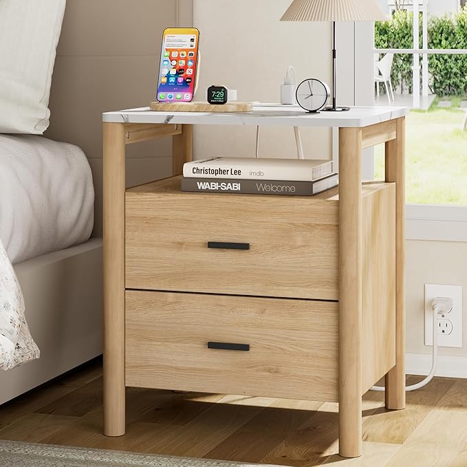 FavourLife Night Stand, 20" Wide Nightstand, Modern Large Nightstand with Charging Station & Faux Marble Top, 2 Drawer End Table with Solid Round Post Legs, Bedside Table for Bedroom, Natural Oak