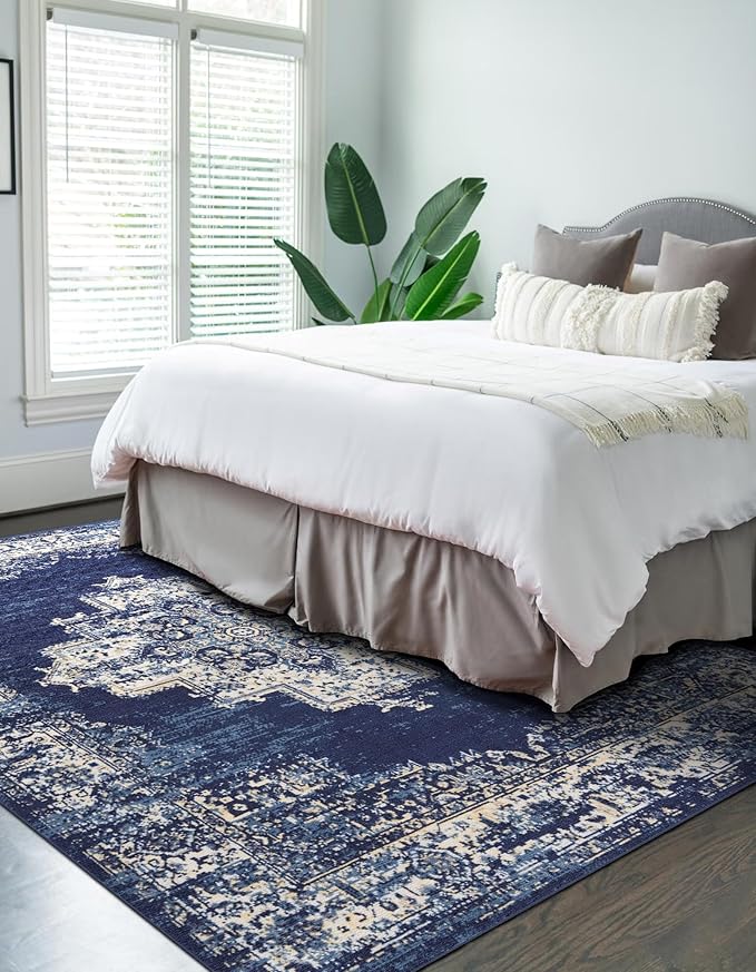 vivorug 4x6 Rug, Small Area Rug for Living Room, Bedroom, Kitchen, Machine Washable Non-Slip Throw Rug, Vintage Carpet for Entryway Nursery Coffee Table - Durable (Navy Blue)