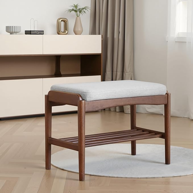 Black Walnut Shoe Bench Assembled, Solid Wood Shoe Rack Bench with Cushion for Entryway, Living Room, Bedroom, Hallway, 11.8" x 23.6" x 16.5"