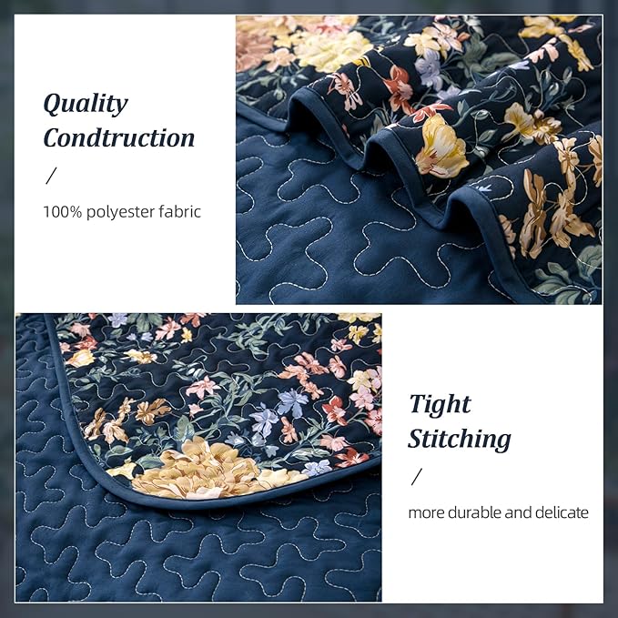 WONGS BEDDING Quilt Queen Size, Navy Blue Quilt Bedding Set with 2 Pillowcases, Botanical Quilt for Queen Bed, Soft Microfiber Lightweight Coverlet Bedspread for All Season (96"×90", 3 Pieces)