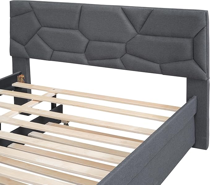 Full Size Bed Frame with Twin Size Trundle,Linen Upholstered Platform Bed Frame Full with Brick Pattern Headboard,Wood Slat Support Included,No Box Spring Needed,Easy Assembly,Gray