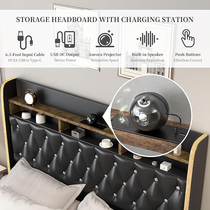 Queen LED Bed Frame with 2 Storage Drawers, PU Upholstered Platform Beds with Galaxy Star Projector Charging Station Speaker, Aurora Bedframe with 2-Tier Storage Headboard, Noise-Free, Black
