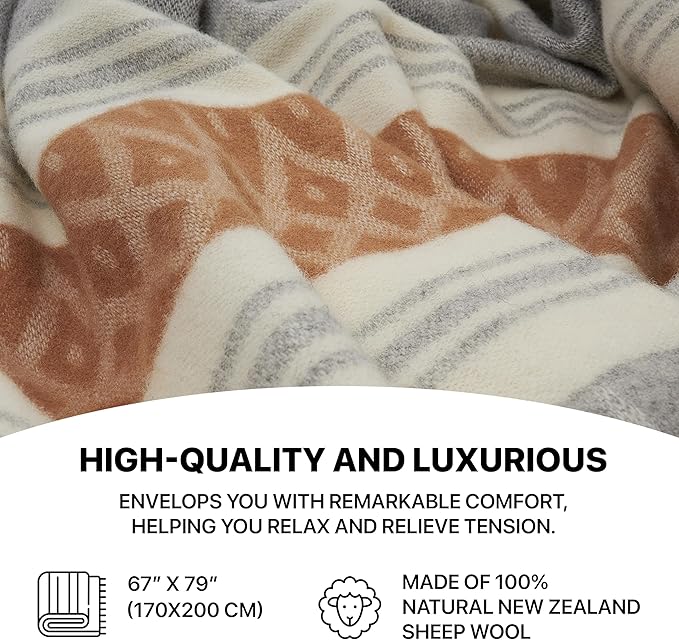 | Wool Blanket/Throw | 100% New Zealand Wool | Perfect for Home and Outdoors | Virgin Wool Throw with Fringes 67"x79" (170 x 200 cm)