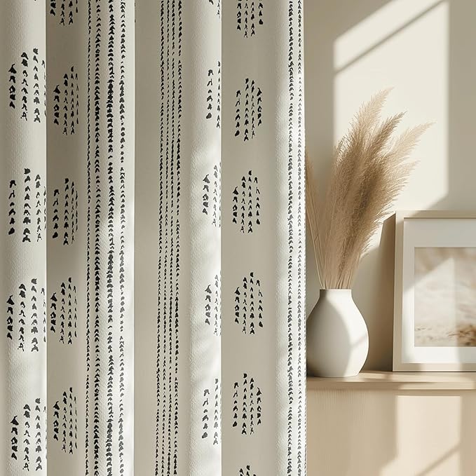100% Boho Blackout Curtains 63 Inches Long for Bedroom, Black on Beige Patterned Bohemian Curtains for Living Room, Geometric Striped Thermal Insulated Window Drapes Gromment Top 2 Panels