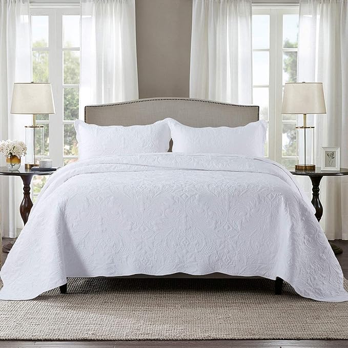 HoneiLife Oversized Queen Bedspreads 110x106- Queen Size Quilt Bedding Sets 3-Piece, Paisley Coverlets Lightweight Bedlinen Set for All Season Use-White