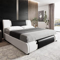 TTVIEW Modern Faux Leather Upholstered Platform Bed Frame with Iron Metal Decor, Adjustable Curved Headboard, Wooden Slats Support, No Box Spring Needed, Queen Size, Blackwhite