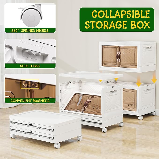 Storage Bins with Lids and Wheels, 330QT-165QT*2Tier Collapsible Bathroom Storage Cabinet with Clear Doors, Plastic Stackable Closet Organizers and Containers White