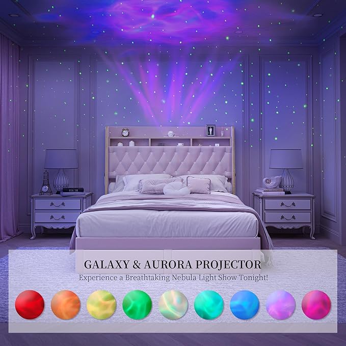 Queen LED Bed Frame with Storage Drawers, Velvet Upholstered Platform Beds with Galaxy Star Projector Charging Station Speaker, Aurora Bedframe with 2-Tier Storage Headboard, Noise-Free, Pink