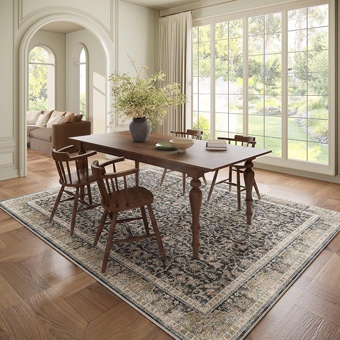 Washable 6x9 Area Rugs for Living Room, Boho Non-Slip Vintage Distress Large Rugs for Bedroom Dining Room Nursery Office, 0.3" Neutral Oriental Throw Thin Carpet, Black/Brown/Blue/Multi