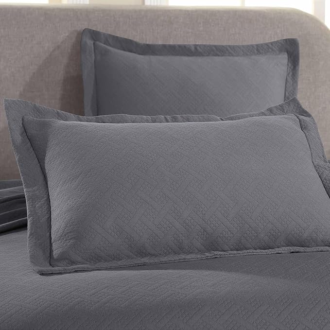 Superior 100% Cotton Basket Weave Bedspread with Shams, All-Season Premium Cotton Matelasse Jacquard Bedding, Quilted-Look Geometric Basket, Queen, Grey