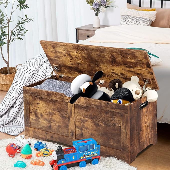 Timberer 39.4" Storage Chest, Wooden Storage Bench, Lift Top Toy Chest with 2 Safety Hinges, Large Toy Box, Entryway Bench for Living Room, Bedroom, Rustic Brown