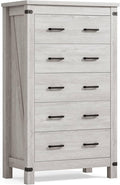 LINSY HOME Farmhouse 5 Drawer Dresser for Bedroom, 46” Tall Rustic Wood Chest with Deep Drawers, Modern Dressers with Spacious Storage and Metal Handles for Closet, Living Room, Hallway, Wash Grey