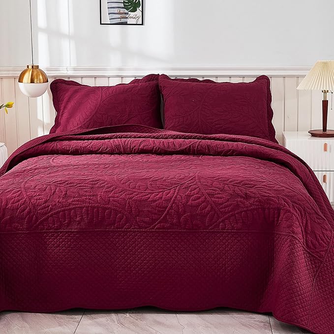 MarCielo 3-Piece 100% Cotton Oversized Bedspread Lightweight Quilt Coverlet Embroidery Farmhouse Bedding Set T0 (Wine Burgundy, Oversized Queen (100"x106"))