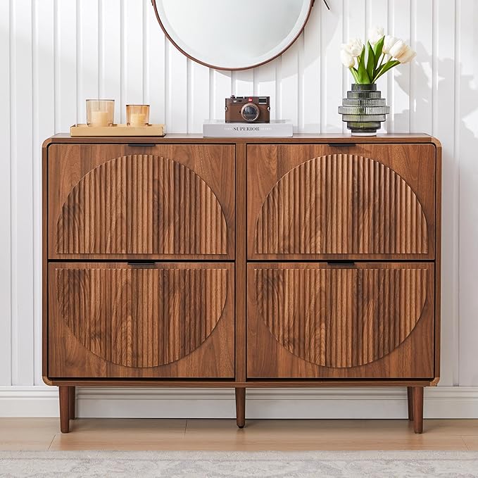 Turtle&Myrtle Narrow Fluted Shoe Cabinet for Entryway, Slim Hidden Shoe Rack, Wooden Freestanding Shoe Storage Organizer with 4 Flip Drawers, Hallway, Living Room, Foyer (Walnut)