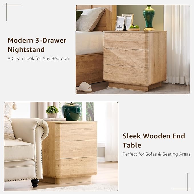 JXQTLINGMU 22" Modern Nightstand Set of 2 with Charging Station, Large Push-to-Open End Table, Wood Bedside Table, Curved Profile, Handleless 3 Drawer Night Stand for Bedroom, Living Room, Natural Oak
