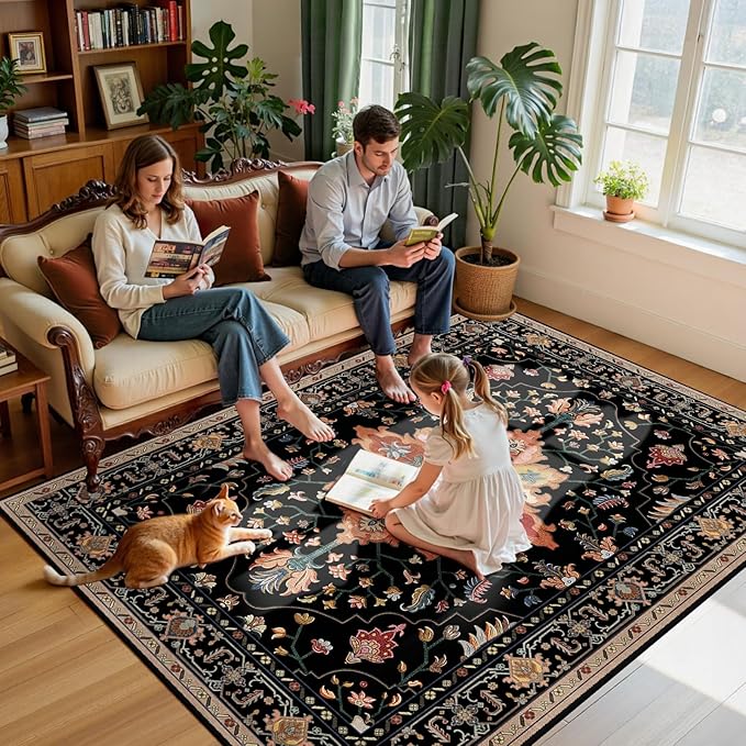 Area Rugs 7'x9' Washable Non-Slip, Floral Vintage Distress Print Pattern Medallion Carpet for Living Room Bedroom Dining Room, Black Colorful Floral Dark Tan