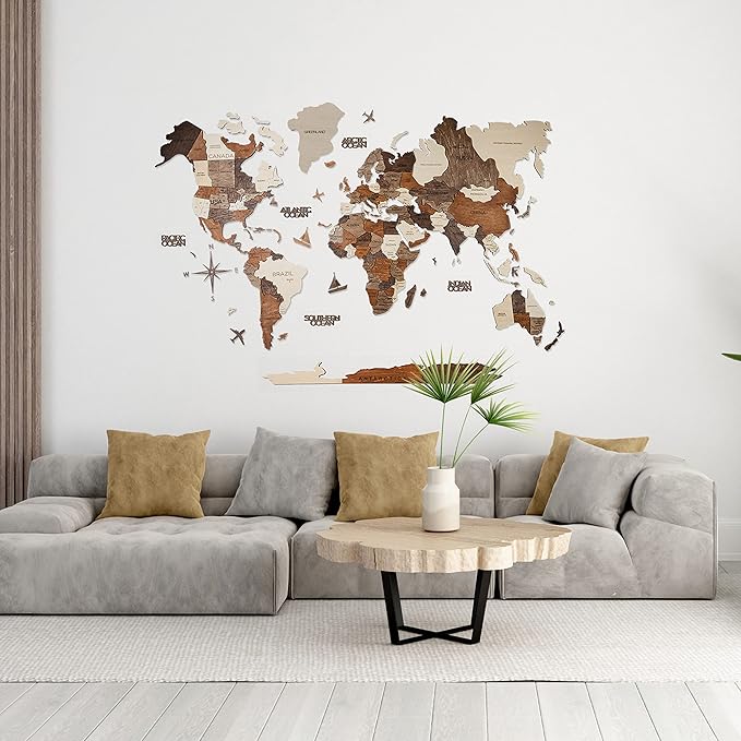 Handmade 3D Wood World Map Wall Art Large Wall Decor Track Your World Travels - Special for Home, Kitchen and Office (Large, Multicolor)