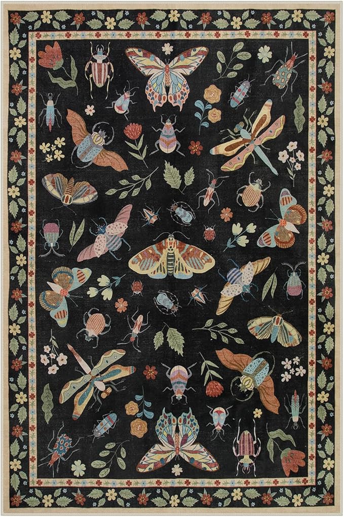 Lahome Insect Washable Rugs for Living Room, Soft Area Rug 6x9 Rug for Bedroom Ultra-Thin Non Slip Dining Room Rug, Stain Resistant Black Rug Large Carpet for Office Nursery(6'x9',Black)