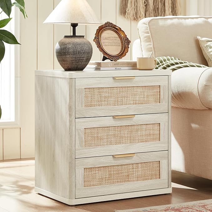 LEYAOYAO Boho Night Stands Set 2 with Storage, 23" Rattan Nightstand with 3 Drawers, Grey White Bed Side Table, Bedside End Tables for Bedroom, Living Room, Hallway