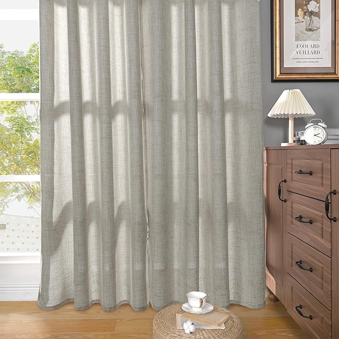 YoungsTex Linen Curtains 90 Inches Length for Living Room, Dark Grey Light Filtering Semi Sheer Drapes with Bronze Grommet for Bedroom Dining Room Office, 2 Panels, 52 X 90 Inch