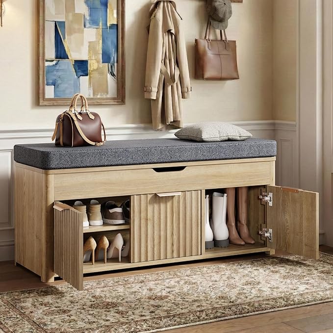Shoe Bench with Storage - Lift Top Entryway Bench with Hidden Storage, Shoe Rack with Adjustable Shelves and Cushioned Seat, Wooden End of Bed Bench for Bedroom, Living Room and Hallway,Nature