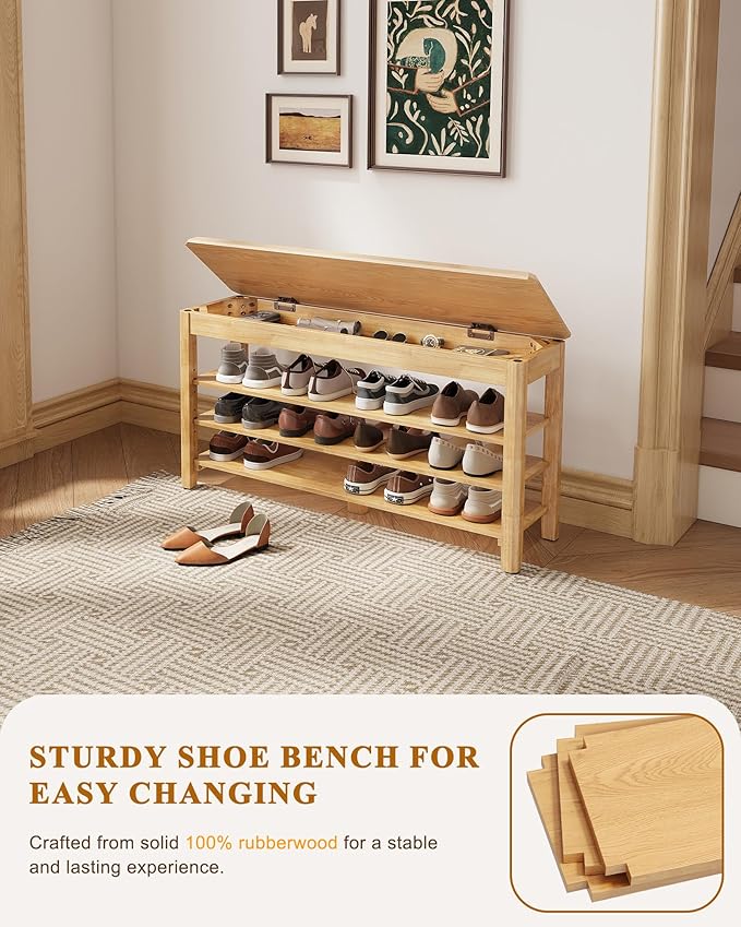 Shoe Rack Bench Seat Rubberwood 3-Tier Wooden Storage Bench 550lbs Compact Mid-Century Modern Design for Entryway, Hallway, Closet, Front Door Entrance, Foyer