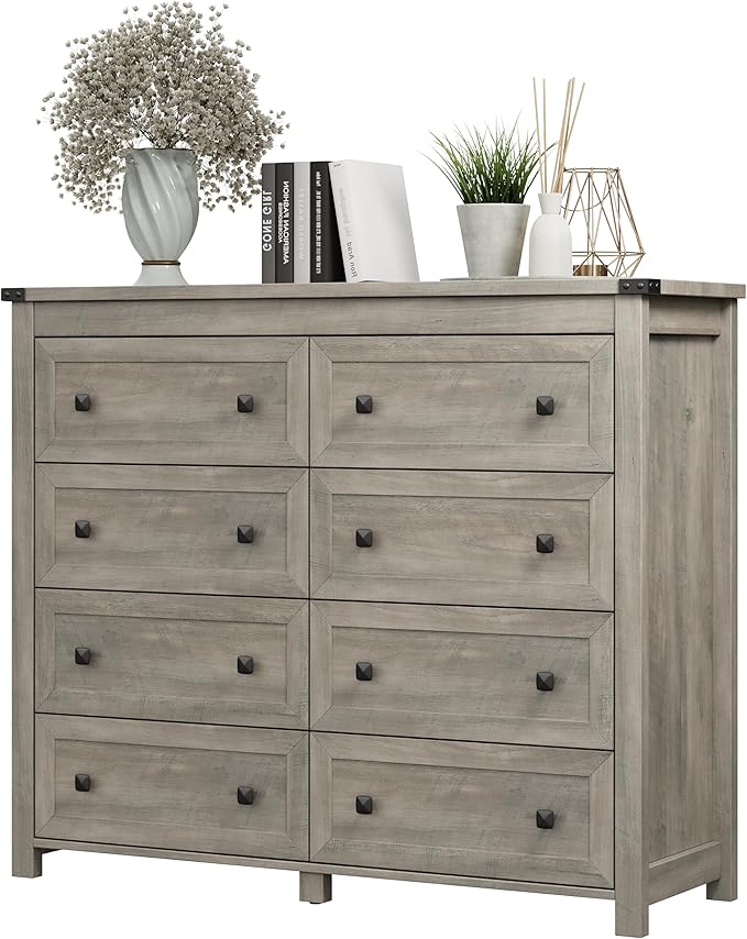 Dresser for Bedroom with 8 Drawers, Farmhouse Wood Chest of Drawers, Wide TV Stand Closet Storage Furniture with Metal Handle, Modern Clothes Organizer for Hallway, Living Room, Entryway, Light Grey