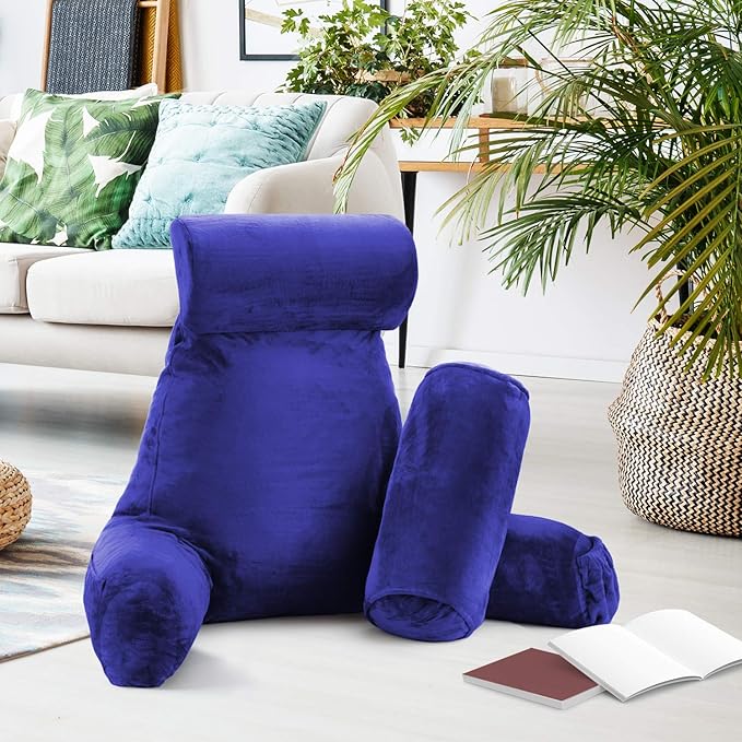 Nestl Reading Pillow with Shredded Memory Foam Includes 2 Neck and Lumber Support Pillows, Designed for Sitting Up in Bed and Couch, Back and Arms Adjustable Support for Adult & Teens, Royal Blue
