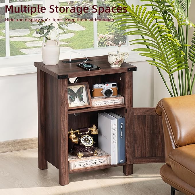 Joaxswe Night Stand, 18 Inch Farmhouse Nightstand with with Charging Station and USB Port, Rustic Couch End Table with Magnetic Door, Wood Bed Side Tables for Bedroom, Home, Brown Walnut