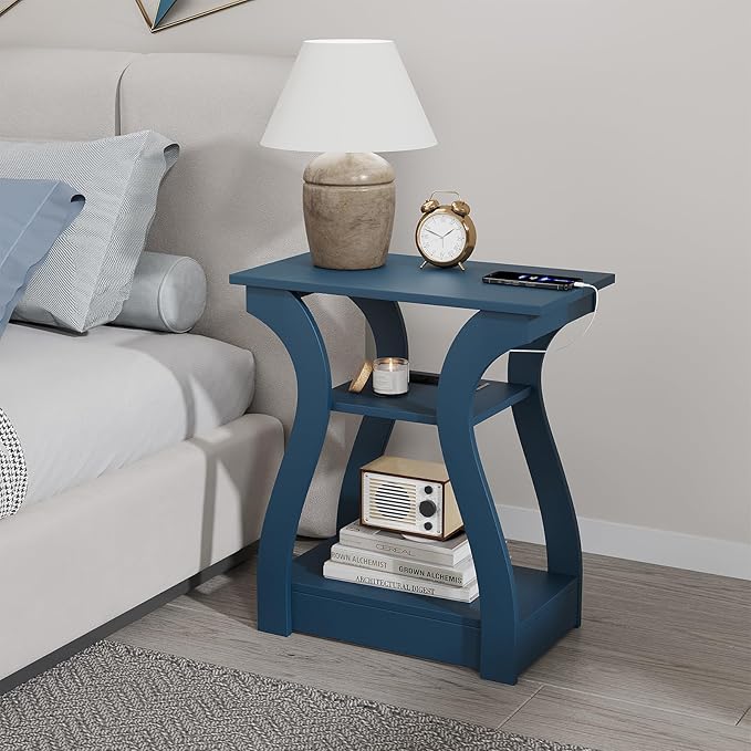 End Table with Charging Station, Side Table with USB Ports and Outlets, Nightstand, 3 Tier End Table with Storage Shelf for Living Room, Bedroom, Navy Blue, Set of 2