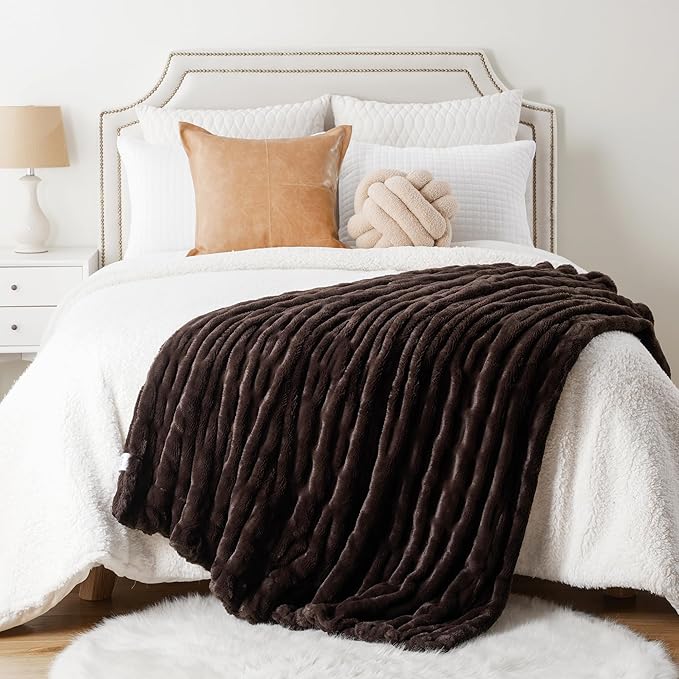 BATTILO HOME Dark Brown Faux Fur Throw Blanket for Bed, Double Side Reversible Ruched Faux Rabbit Fur Throw for Couch, Bed, Super Soft Blanket Cozy Warm Mink Blanket, 60"x80"