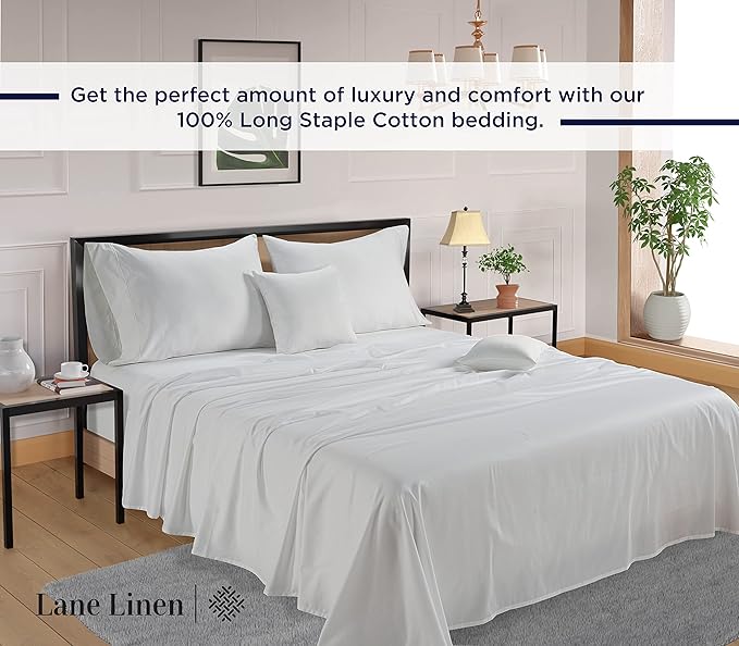 LANE LINEN 600 Thread Count 100% Cotton White Twin XL Sheets Set, Soft & Comfy Bedding Set Perfect for Hospital Beds, Mercerized Cotton, Fully Elasticized Silky Soft Cotton White Sheets Twin XL