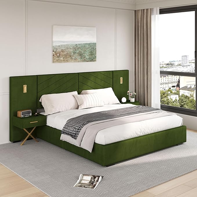 DEINPPA Luxury King Bed Frame with Built-in Gold LED Lights and Nightstands, King Size Platform Bed with Oversize Upholstered Headboard, No Box Spring Needed-Green