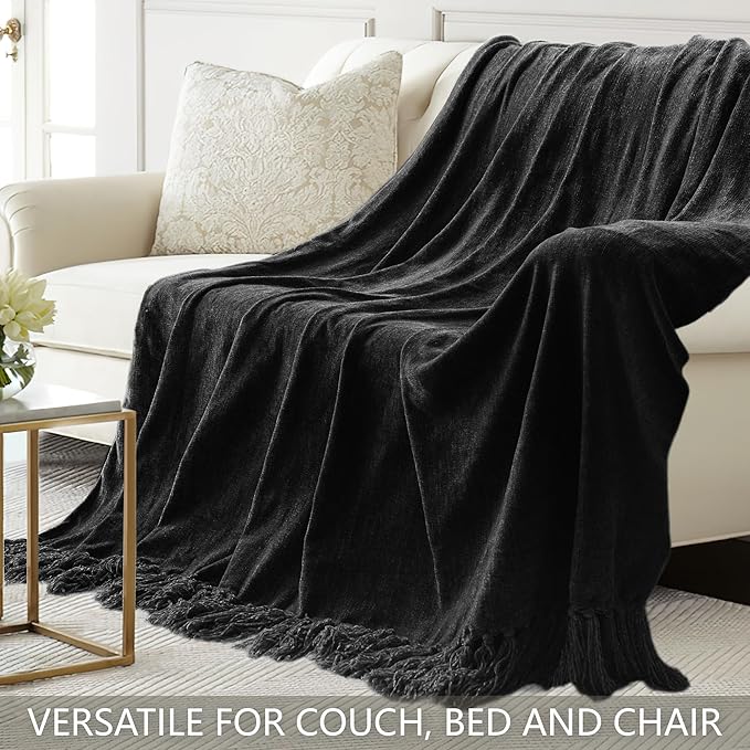 Chenille Throw Blanket for Couch 60"X 80" Twin, Soft Cozy Throws with Fringe Tassel for Bed Sofa Chair Cover, Lightweight Knitted Decorative Boho Blankets for Living Room, Black