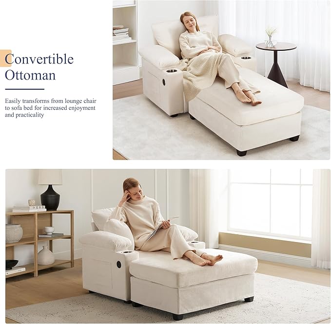 SUNWAVE 58" Chaise Lounge Chair with Ottoman, Chenille Fabric Sofa Bed, Accent Chair with Cupholders & USB Charging Ports for Living Room, Bedroom, Apartment (1 Chaise Ivory)