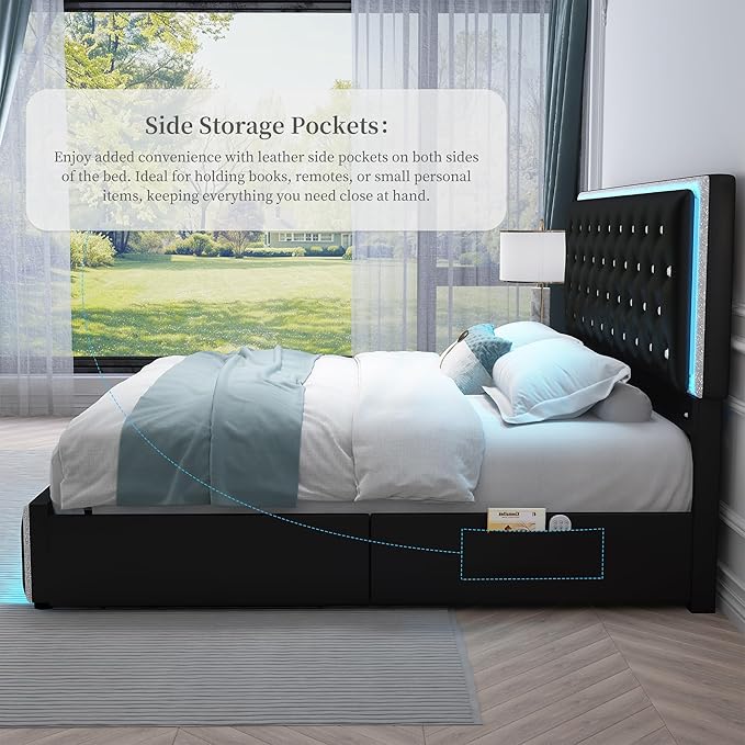 King Led Bed Frame with 2 Drawers, Modern Heavy Duty Upholstered Platform King Size Bed Frames with Crystal Button Tufted Headboard, Solid Slats, Noise Free, No Box Spring Needed, PU Black