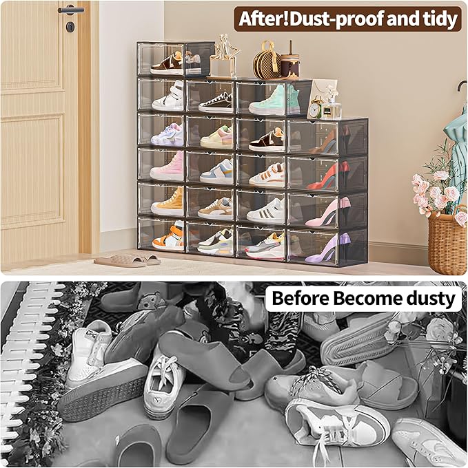 12 Pack XX Large Shoe Organizer, Heavy-Duty Hard Thicken Plastic Clear Stackable Shoe Storage Box Organizer for Closet, Space-Saving Shoe Rack Display Case Bin Containers for Sneakers, Grey