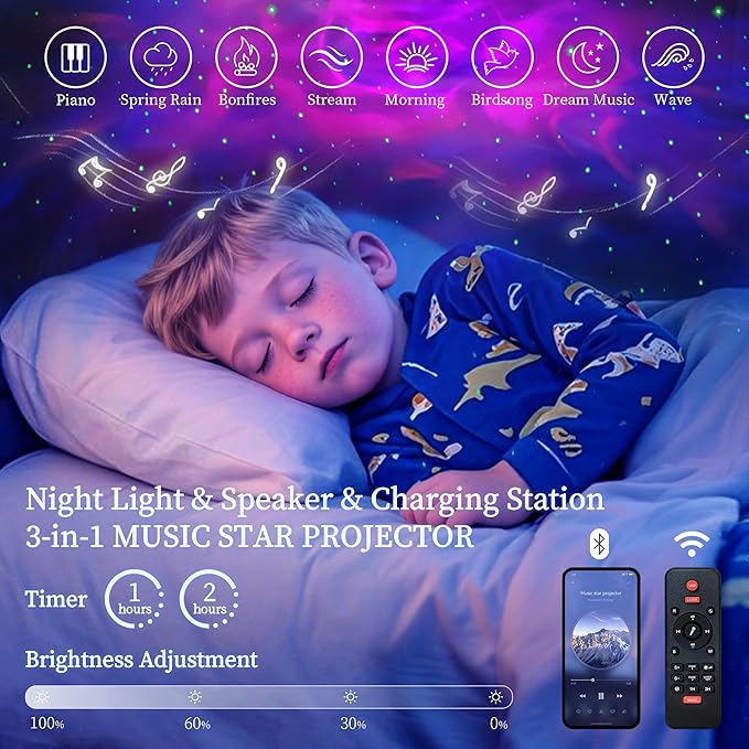 King LED Bed Frame with 2 Storage Drawers, PU Upholstered Platform Beds with Galaxy Star Projector Charging Station Speaker, Aurora Bedframe with 2-Tier Storage Headboard, Noise-Free, Black