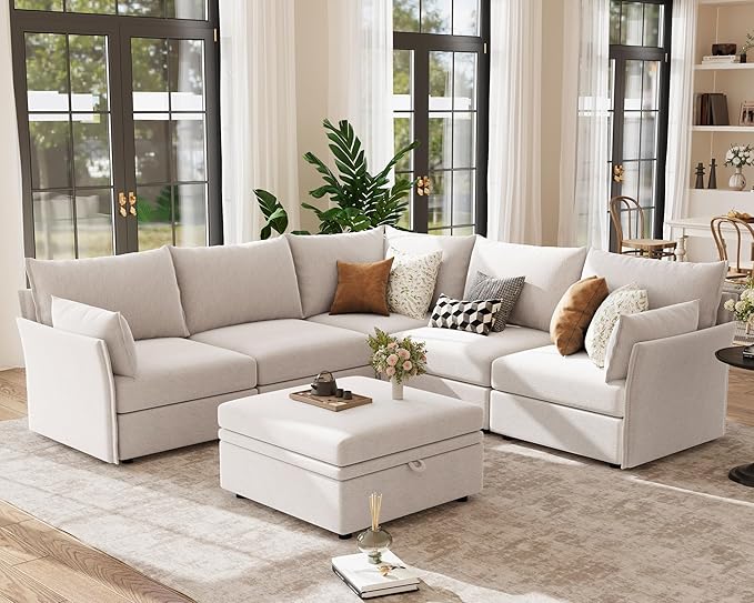 ABCASA 103.5" Oversized Modular Sectional Sofa, L Shaped Convertible Couch with Movable Ottoman, Large 6 Seat Corner Couches for Living Room Deep Seat- White Chenille