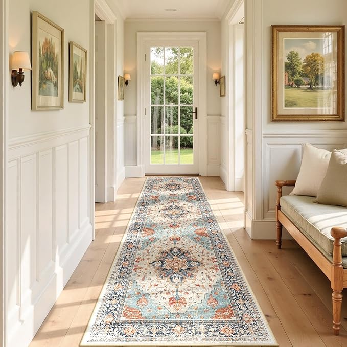 Area Rugs 2'x7' Washable Non-Slip, Floral Vintage Distress Print Pattern Medallion Carpet for Living Room Bedroom Dining Room, Beige Navy Blue Orange Colorful