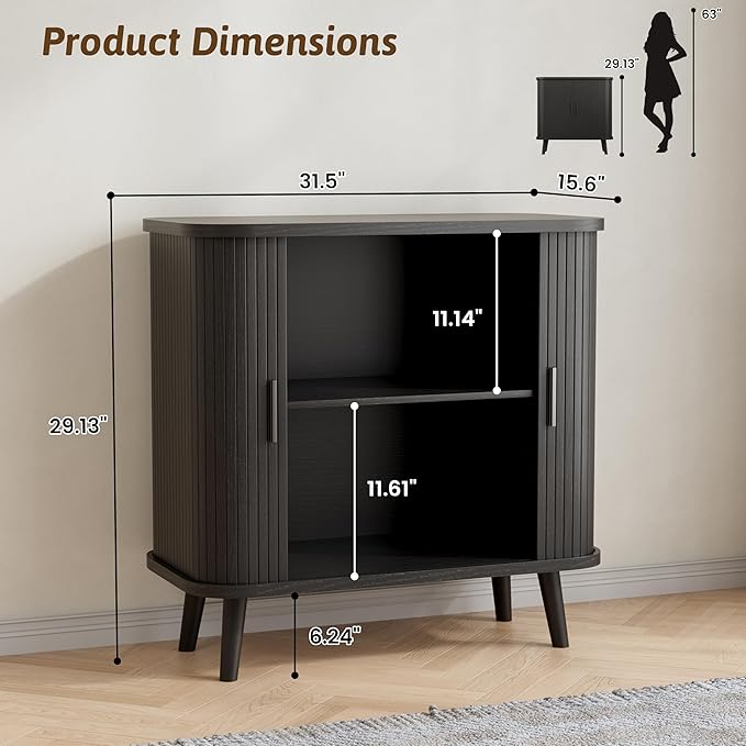 Buffet Cabinet with Storage, Curved-Edge Fluted Storage Cabinet Sideboard, Modern Black Sideboard Buffet with Adjustable Shelves & Sliding Door for Dining Room, Kitchen, Entryway