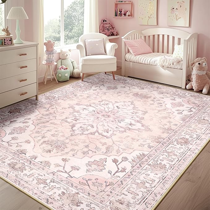 Area Rugs 5'x8' Washable Non-Slip, Floral Vintage Distress Print Pattern Medallion Carpet for Living Room Bedroom Dining Room, Pink Greypink Cute