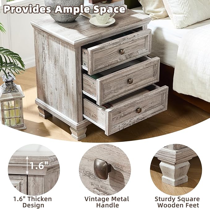 Farmhouse Nightstand with 3 Drawers, Rustic Couch End Table with 4 Square Solid Wood Legs, Mid-Century Vintage Bed Side Table with Storage, Small Dresser for Bedroom, Living Room, Grey