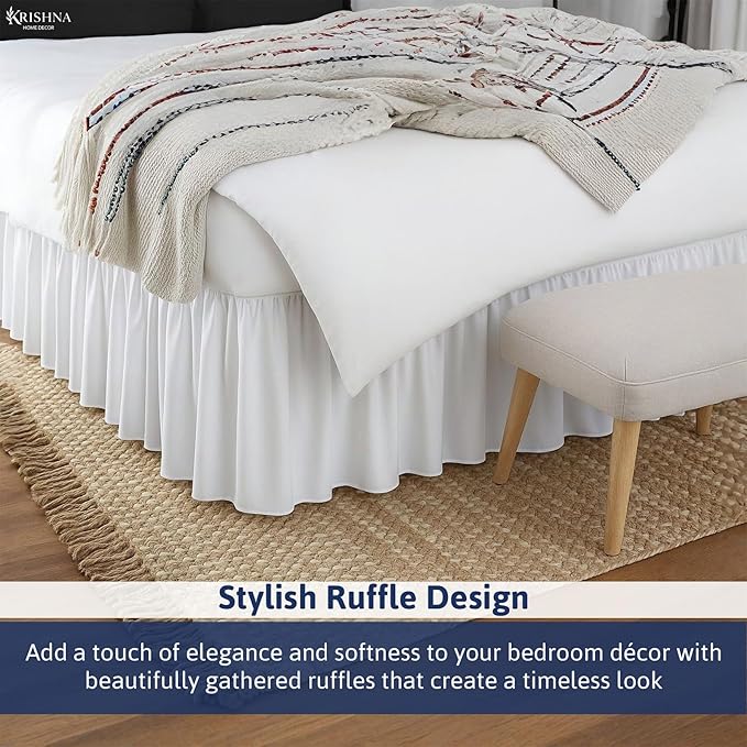 KRISHNA Ruffled Bed Skirt with Split Corners Twin, 100% Microfiber Hotel Quality, 14 Inch Drop Dust Ruffle Gathered Bedskirt with Platform, 39" x 75", White