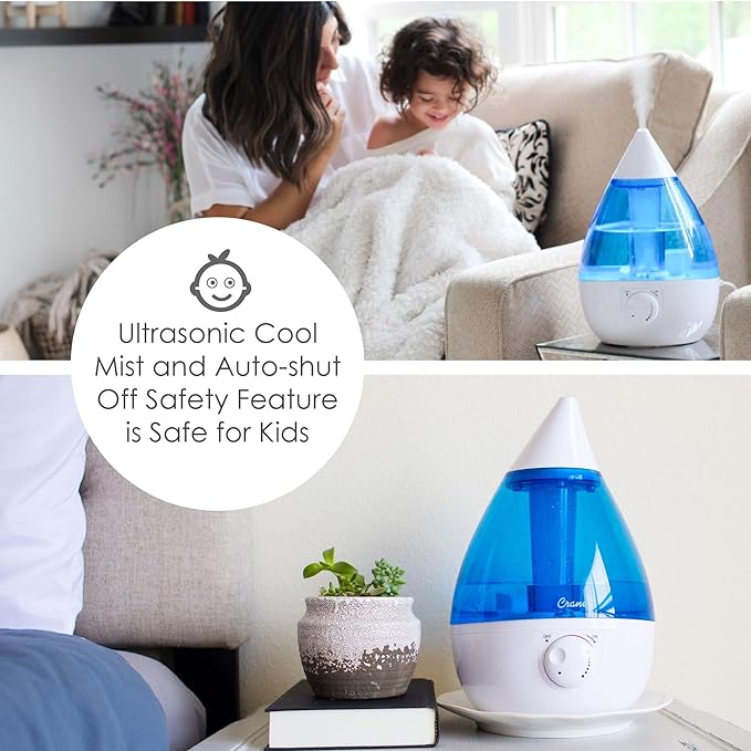Crane Ultrasonic Cool Mist Teardrop Humidifier for Baby Nursery, Bedroom, Office, Large Room, Adjustable Humidity, Auto Shut-Off, Easy Clean Blue & White 1 Gallon