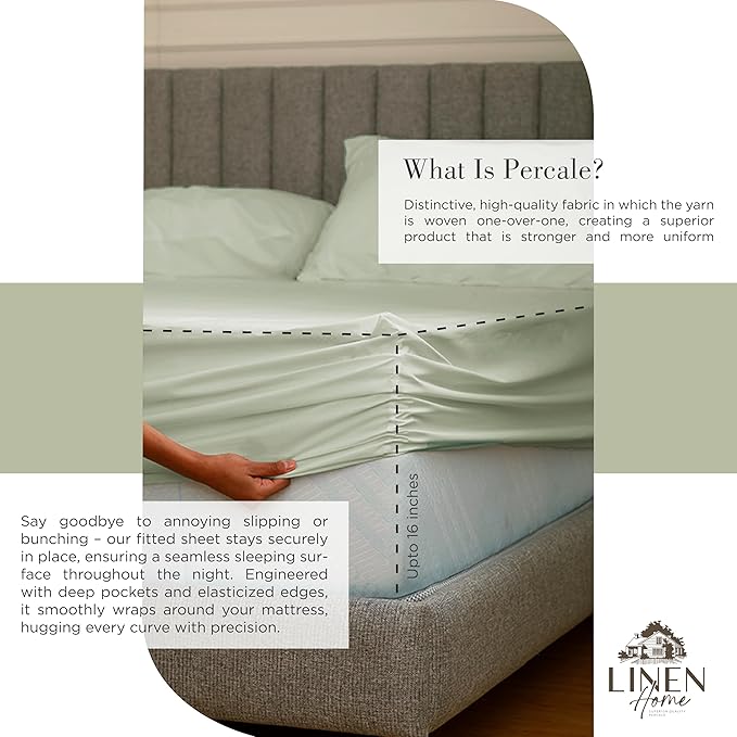 Linen Home 100% Cotton Percale Sheets King Size, Sage, Deep Pocket, 4 Pieces Set - 1 Flat, 1 Deep Pocket Fitted Sheet and 2 Pillowcases, Crisp Cool and Strong Bed Linen