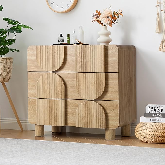 3 Drawer Dressers for Bedroom, 31.5" Wide Large Mid Century Modern Fluted Nightstand, Wood Dresser & Chest of Drawers with Curved Profile for Living Room, Entryway, Hallway, Natural