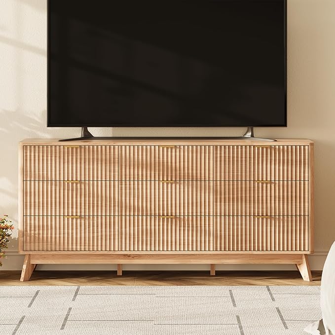63'' Wide 9 Drawers Dresser for Bedroom,Modern Fluted Vertical Chest with Rounded Corners,Fluted Dresser for Living Room,Hallway, Natural Wood